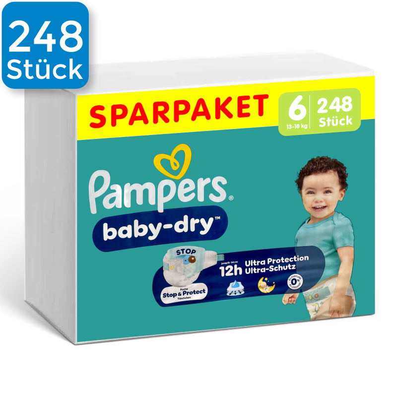 Vorderseite einer Packung Pampers Baby Dry Größe 6. Oben links ist ein blaues Viereck mit der Aufschrift "248 Stück".